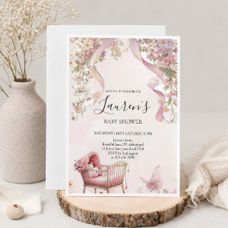 Invitación a baby shower de niña con lazo rosa