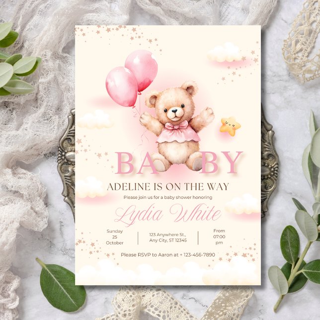 Invitación a baby shower de niña, globos de osito  (Subido por el creador)