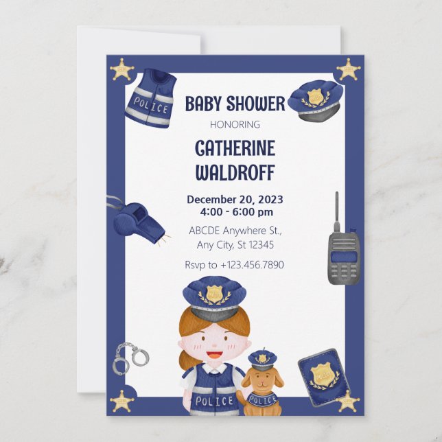 Invitación a baby shower de niña policía (Anverso)
