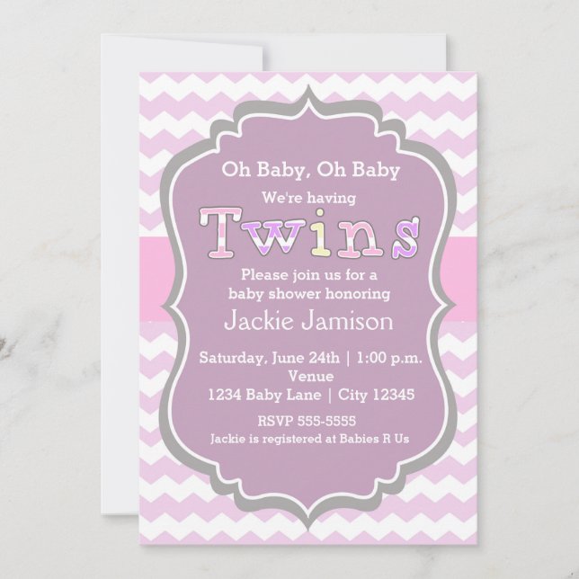 Invitación a baby shower de niñas GEMELAS chevron  (Anverso)