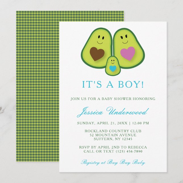Invitación a Baby Shower de niño aguacate con band (Anverso / Reverso)