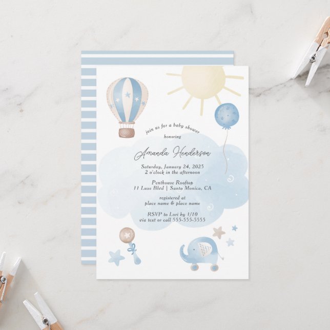 Invitación a Baby Shower de Niño Bebé Azul (Anverso/Reverso In Situ)