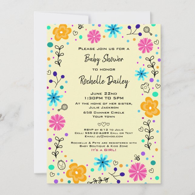 Invitación a Baby Shower de niño Chica floral amar (Anverso)