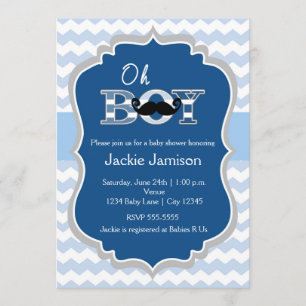 Invitación a baby shower de niño con bigote azul y