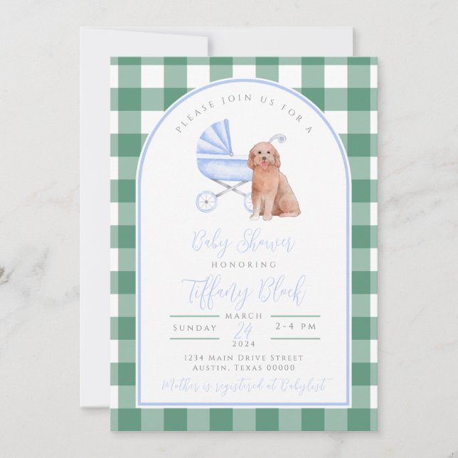 Invitación a baby shower de niño con perro de cuad (Anverso)