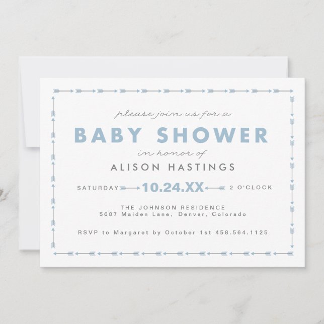 Invitación a Baby Shower de niño moderno con flech (Anverso)