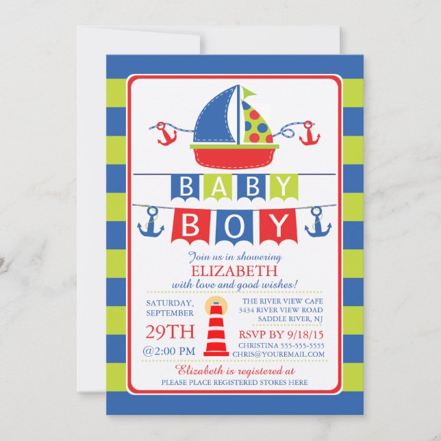 Invitación a Baby Shower de niño náutico de mar (Anverso)