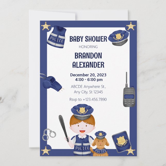 Invitación a baby shower de niño policía (Anverso)