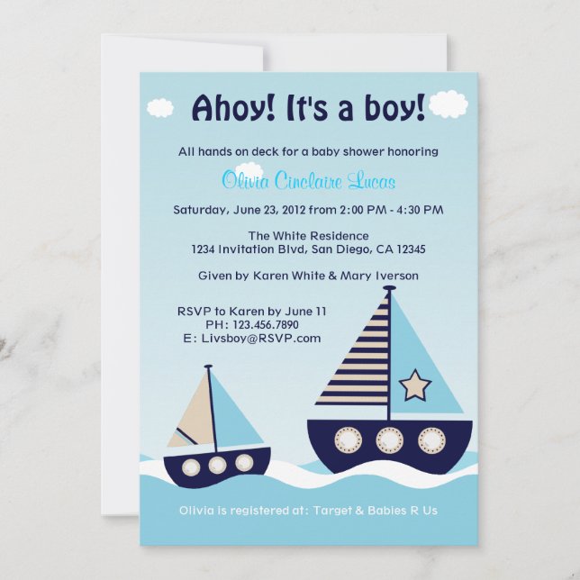 Invitación a Baby Shower de niño varón náutico (Anverso)