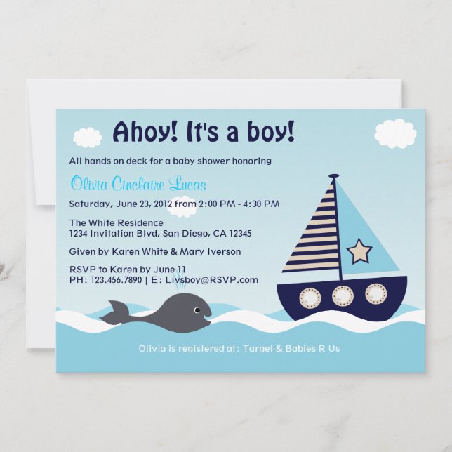 Invitación a Baby Shower de niño varón náutico (Anverso)
