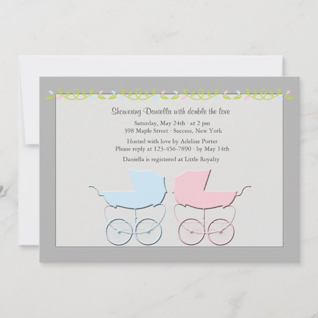 Invitación a Baby Shower de niños y Chicas gemelos (Anverso)