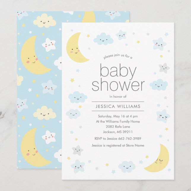 Invitación a Baby Shower de nubes y estrellas luna (Anverso / Reverso)