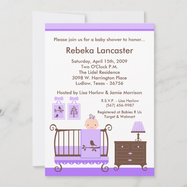 Invitación a Baby Shower de Nursey, Chica púrpura, (Anverso)