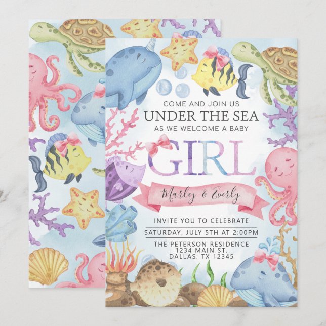 Invitación a Baby Shower de Ocean Under Sea Chica (Anverso / Reverso)