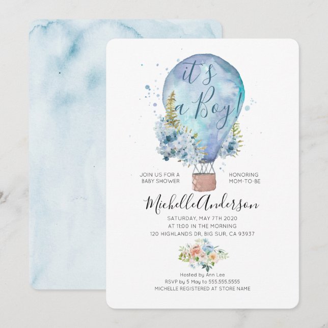 Invitación a Baby Shower de Oh Boy Balloon (Anverso / Reverso)