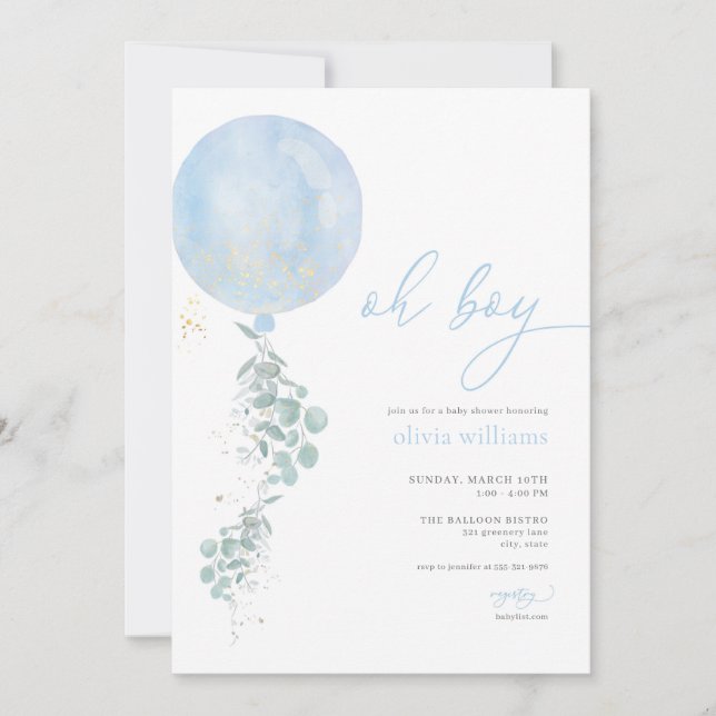 Invitación a Baby Shower de Oh Boy Blue Balloon (Anverso)
