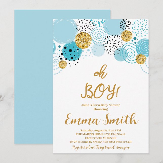 Invitación a Baby Shower de Oh Boy Blue Gold Purpu (Anverso / Reverso)