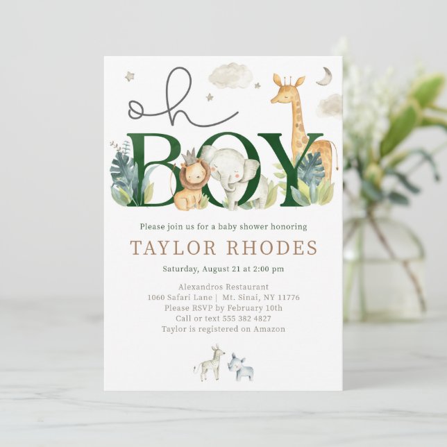 Invitación a Baby Shower de Oh Boy Jungle Safari (Anverso de pie)