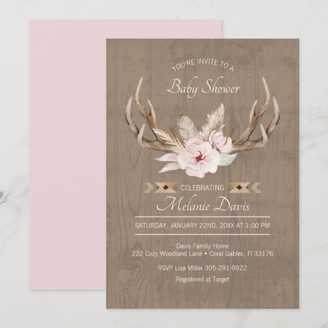 Invitación a Baby Shower de Oh venado - Floral de  (Anverso / Reverso)