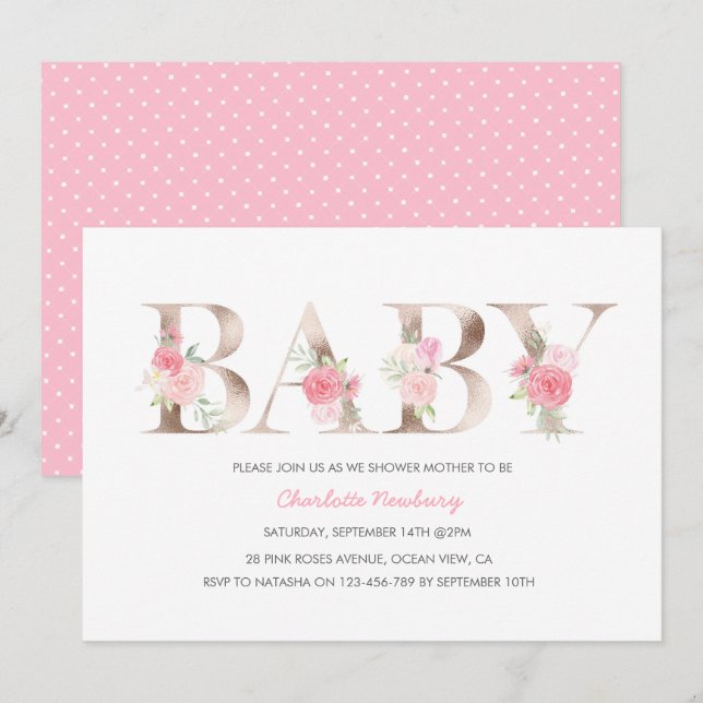 Invitación a Baby Shower de oro Rosa (Anverso / Reverso)