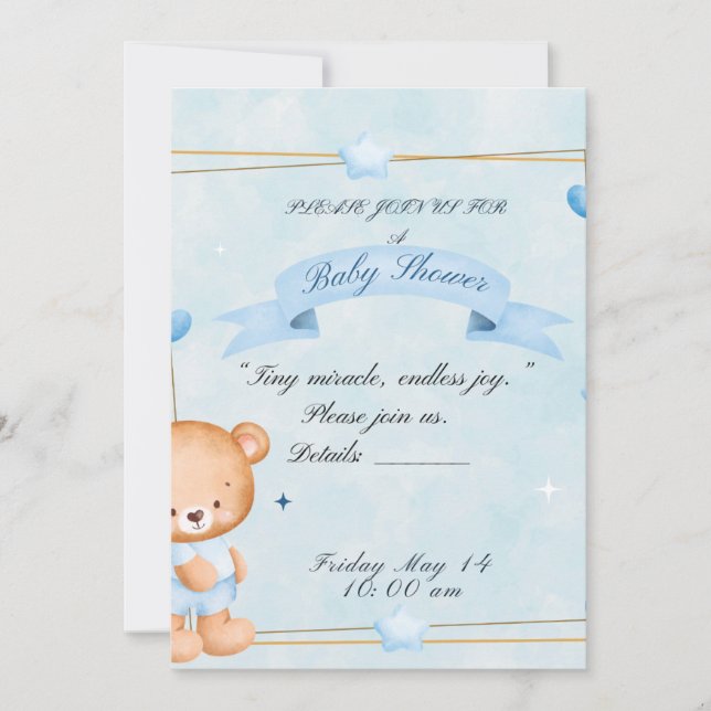 Invitación a Baby Shower de Osito de Peluche (Anverso)