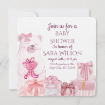 Invitación a baby shower de osito de peluche rosa