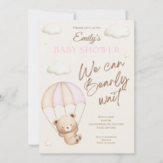 Invitación a baby shower de osito de peluche rosa