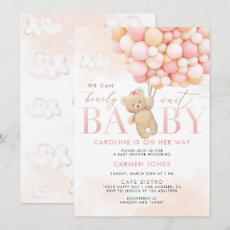 Invitación a baby shower de osito de peluche rosa 