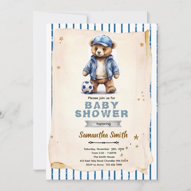 Invitación a baby shower de oso de fútbol (Anverso)