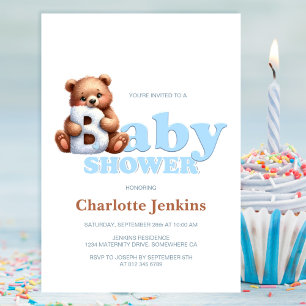 Invitación a Baby Shower de Oso de peluche azul li