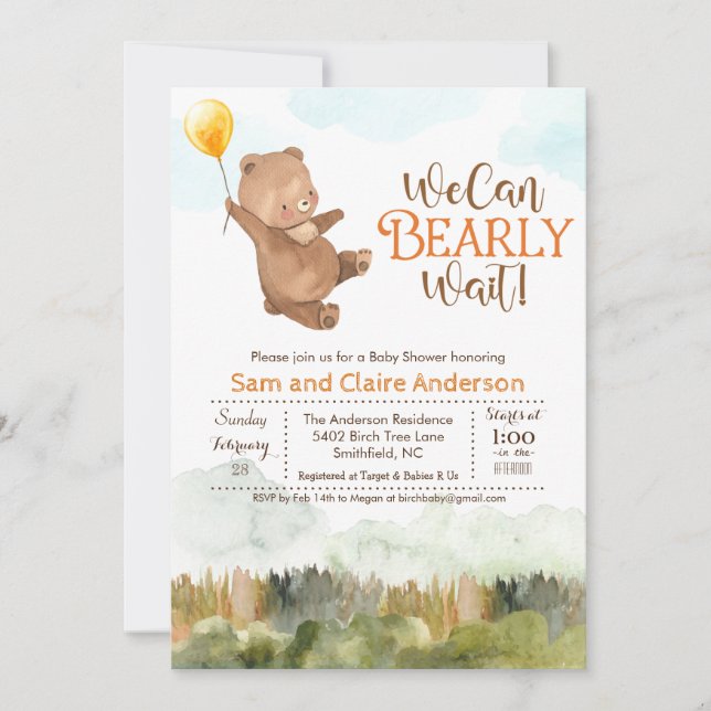 Invitación a baby shower de oso de peluche neutral (Anverso)