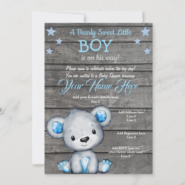 Invitación a Baby Shower de Oso de Teddy, muchacho (Anverso)