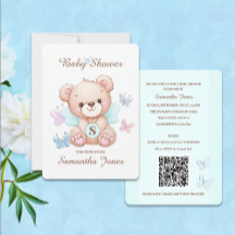 Invitación a Baby Shower de oso limpio con código 