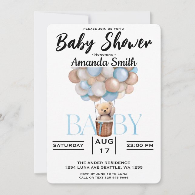 Invitación a Baby Shower de oso lindo (Anverso)