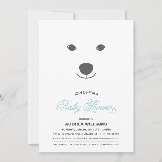 Invitación a Baby Shower de oso polar (Anverso)