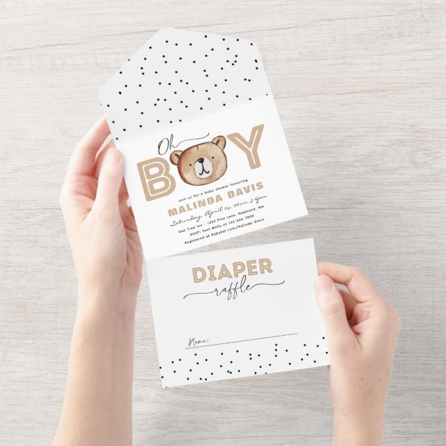 Invitación a Baby Shower de oso + Raffle de pañal  (desgarro)