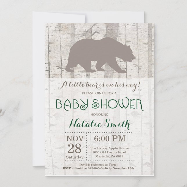 Invitación a Baby Shower de oso Woodland rústico (Anverso)