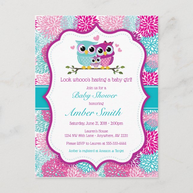 Invitación a Baby Shower de Owl Chica (Anverso)
