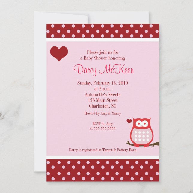Invitación a Baby Shower de Owl El día de San Vale (Anverso)