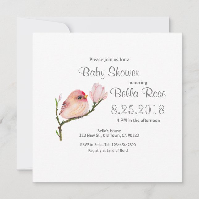 Invitación a Baby Shower de pájaro de la repolla c (Anverso)