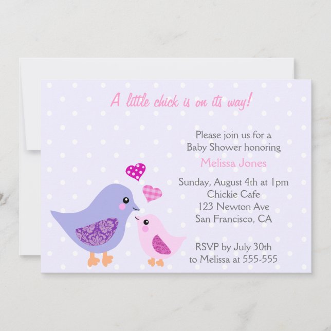 Invitación a Baby Shower de pájaro rosa y morado (Anverso)
