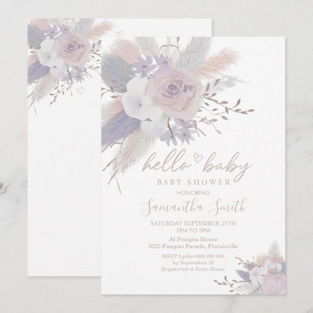 Invitación a Baby Shower de Pampas Grass Boho Flor (Anverso / Reverso)