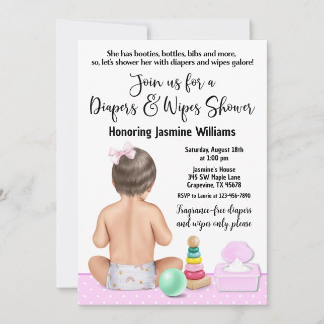 Invitación a Baby Shower de pañales y cortinas chi (Anverso)