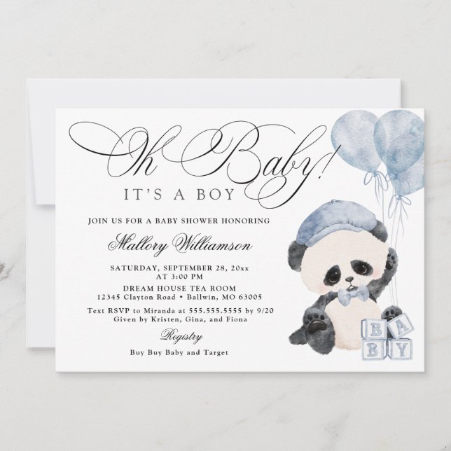 Invitación a Baby Shower de Panda Boy (Anverso)