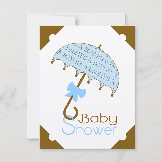 Invitación a Baby Shower de paraguas marrones y az (Anverso)