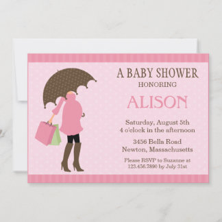 Invitación a Baby Shower de paraguas rosados
