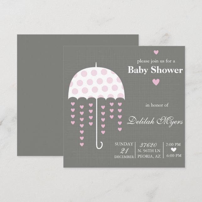 Invitación a Baby Shower de paraguas rosados (Anverso / Reverso)
