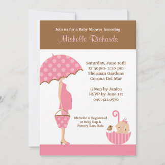 Invitación a Baby Shower de paraguas rosados