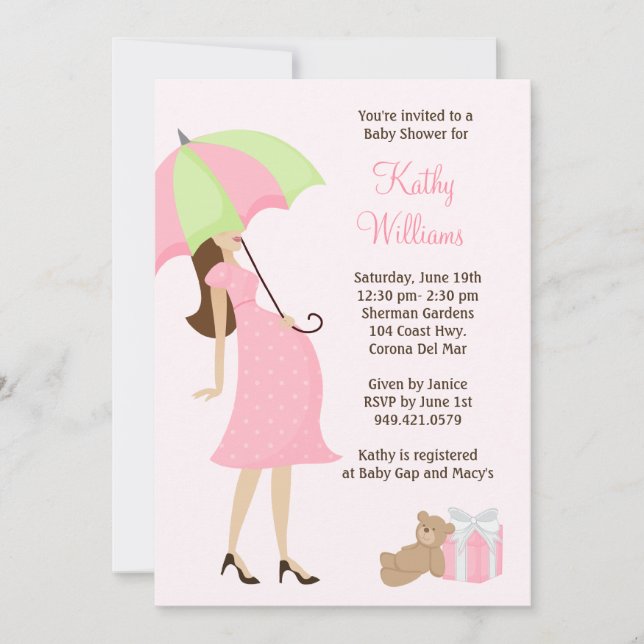 Invitación a Baby Shower de paraguas rosados (Anverso)