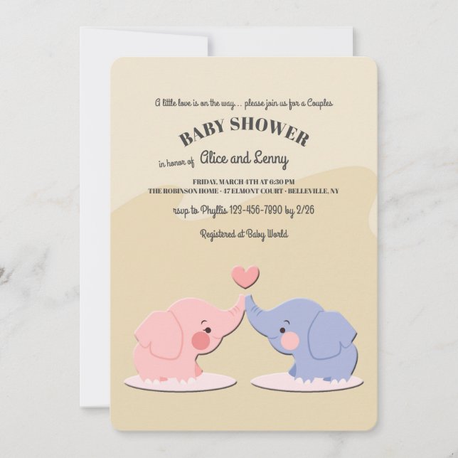 Invitación a Baby Shower de pareja de elefantes cu (Anverso)